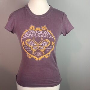 Womens Y2K Purple Graphic Tee Groovin Daze & Nights Hippie 70's Tee Sm Butterfly